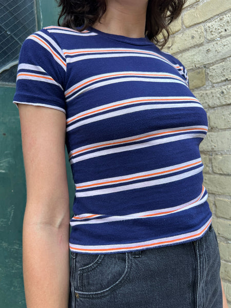 Vintage 1960's Blue and Orange Striped Cotton Baby Tee