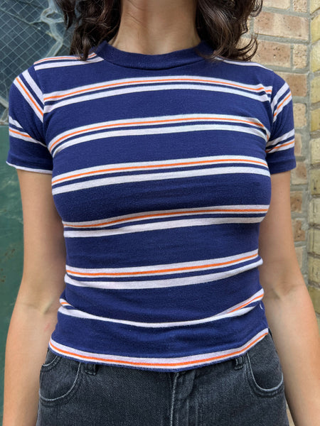 Vintage 1960's Blue and Orange Striped Cotton Baby Tee