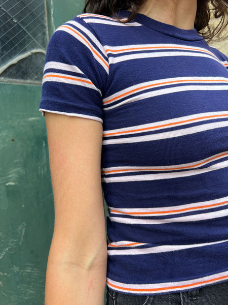 Vintage 1960's Blue and Orange Striped Cotton Baby Tee