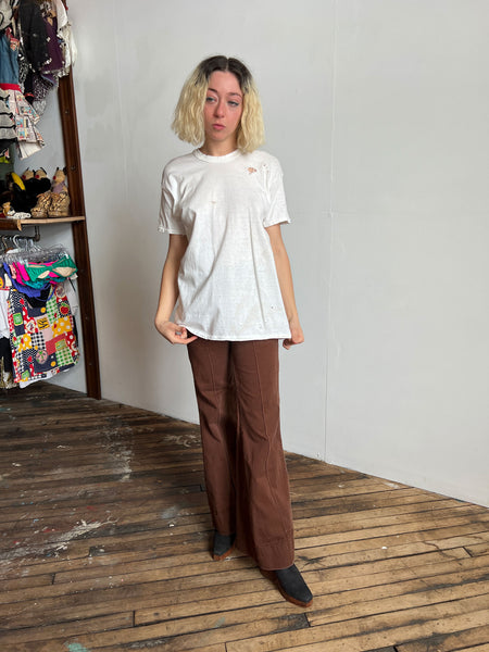Vintage 1960's White Thrashed Hanes T-Shirt, Cotton Nylon