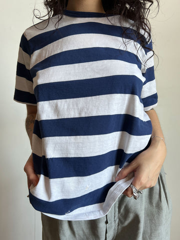 Vintage 1970's Navy and White Striped T-Shirt, Unisex Adults, 70's