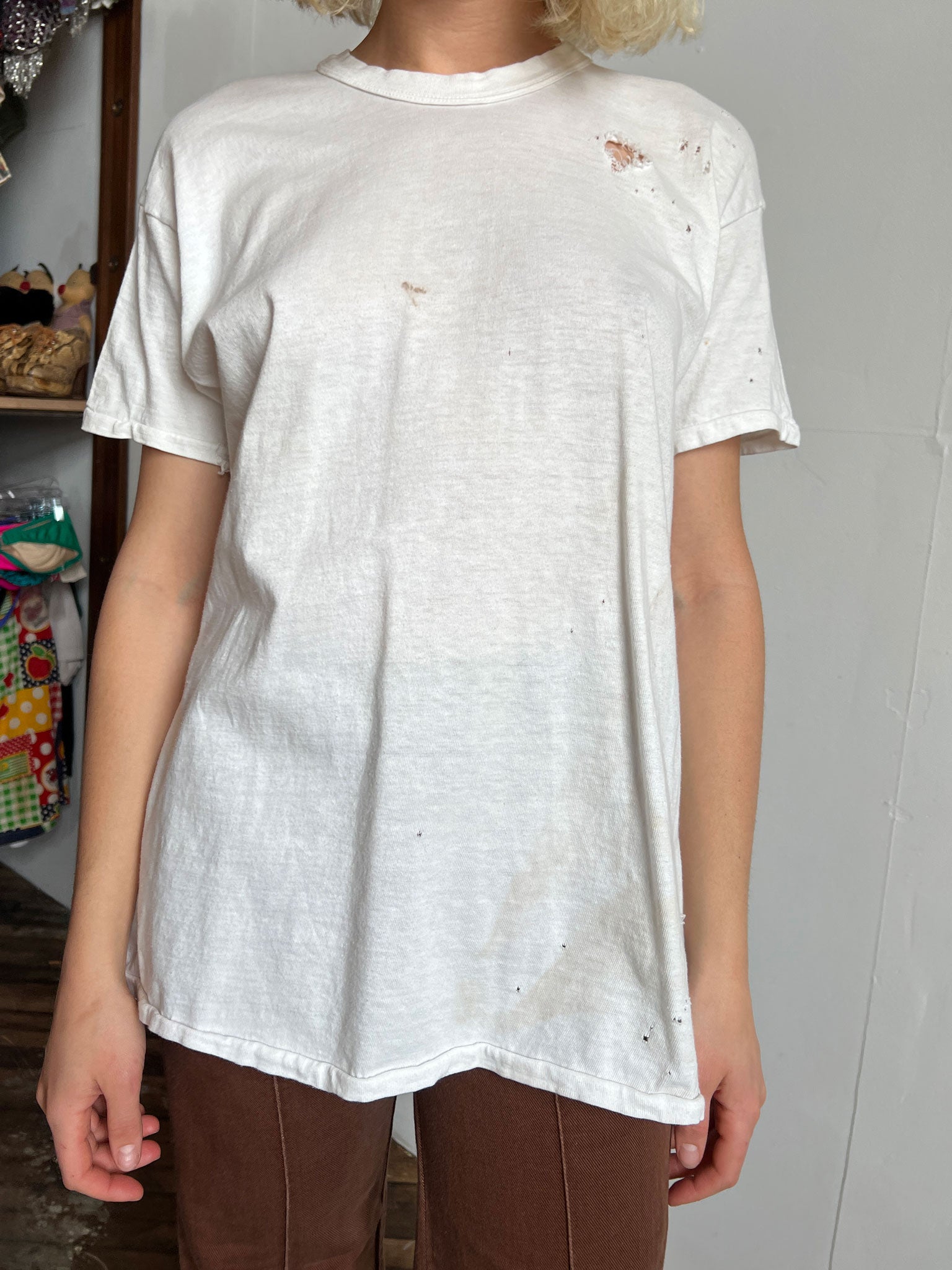 Vintage 1960's White Thrashed Hanes T-Shirt, Cotton Nylon