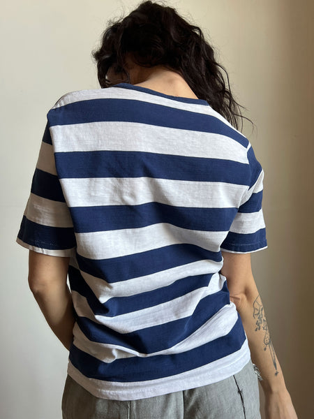 Vintage 1970's Navy and White Striped T-Shirt, Unisex Adults, 70's