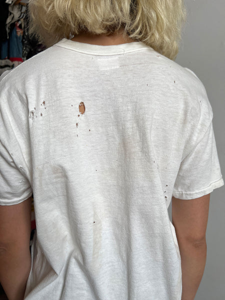 Vintage 1960's White Thrashed Hanes T-Shirt, Cotton Nylon
