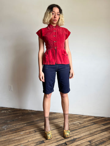 Vintage 1940's Women's Raspberry Corduroy Top