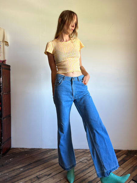 Vintage 1960's - Early 1970's Yellow Cropped Shirt, Acrylic by Miss Holly 60's 70's Retro