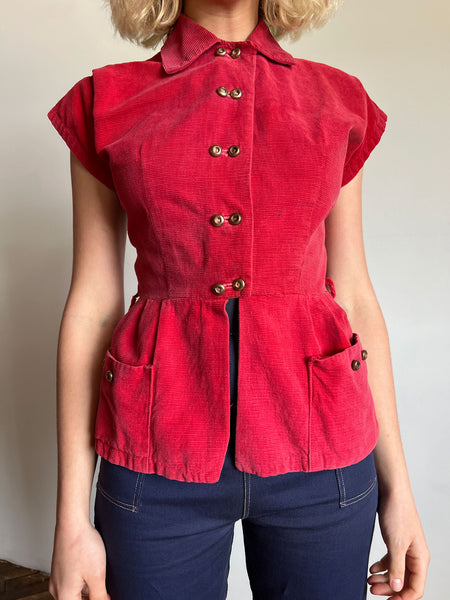 Vintage 1940's Women's Raspberry Corduroy Top