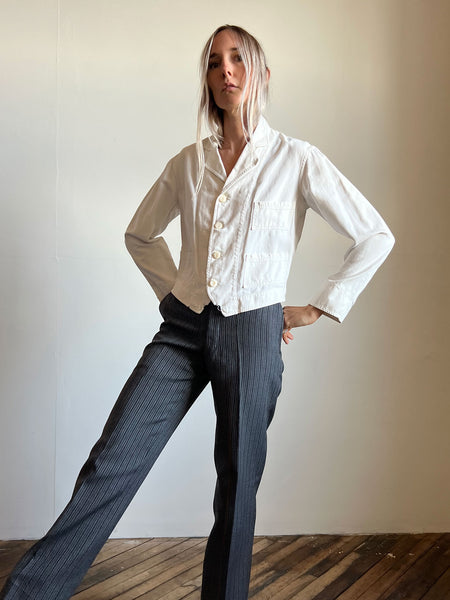 Antique - Early Vintage White Cotton Cropped Jacket with Shell Buttons, Edwardian