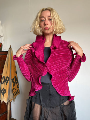 Fuchsia Pleated Open Ruffled Jacket by Mashiah, Deadstock with Tags