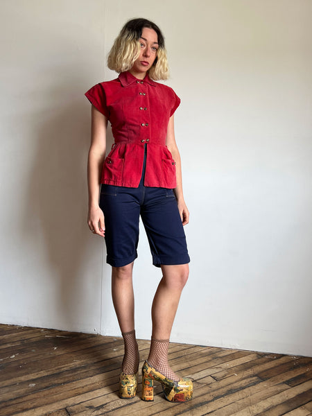 Vintage 1940's Women's Raspberry Corduroy Top