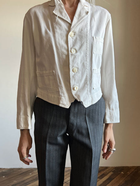 Antique - Early Vintage White Cotton Cropped Jacket with Shell Buttons, Edwardian