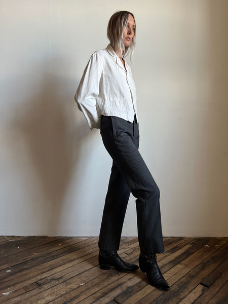 Antique - Early Vintage White Cotton Cropped Jacket with Shell Buttons, Edwardian
