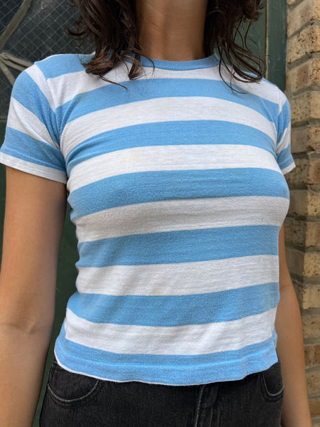 Vintage 1960's Blue Wide Striped Cotton T-Shirt