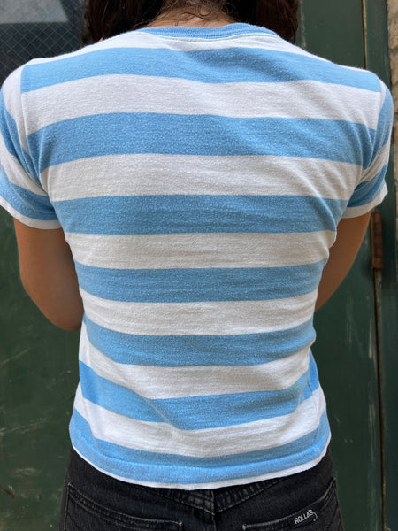 Vintage 1960's Blue Wide Striped Cotton T-Shirt