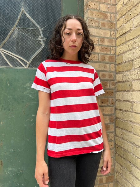 Vintage 1960's Red Wide Striped Cotton T-Shirt