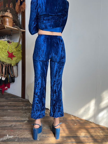 Vintage 1970's Junior House Crushed Velvet Royal Blue Pant Set