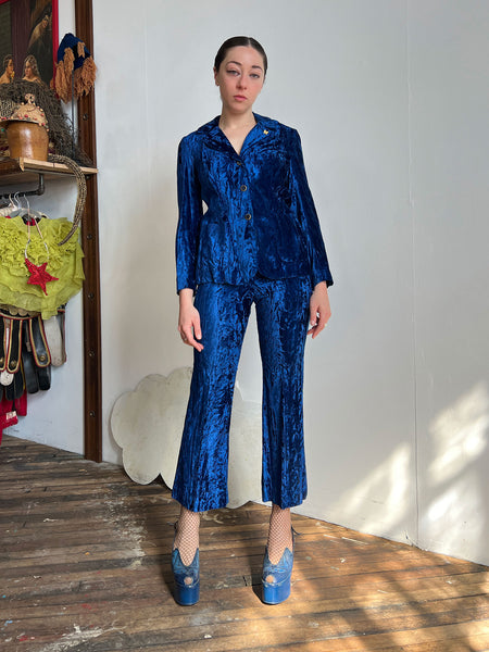 Vintage 1970's Junior House Crushed Velvet Royal Blue Pant Set