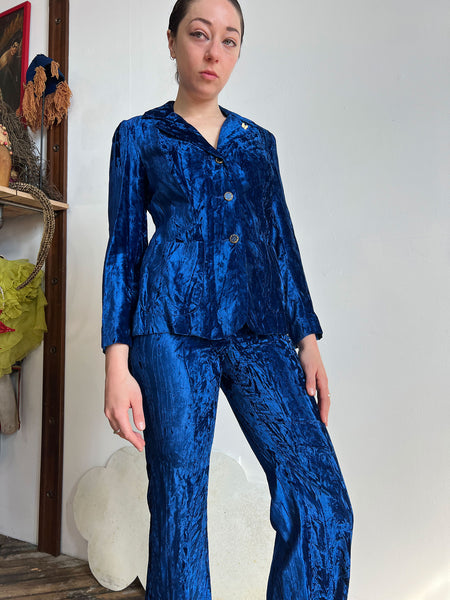 Vintage 1970's Junior House Crushed Velvet Royal Blue Pant Set