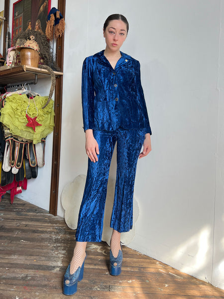 Vintage 1970's Junior House Crushed Velvet Royal Blue Pant Set