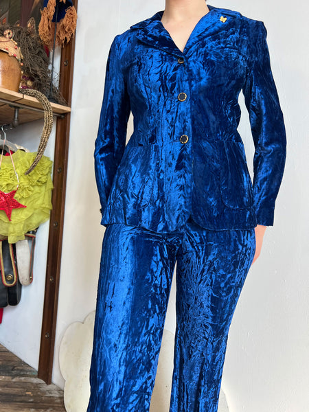 Vintage 1970's Junior House Crushed Velvet Royal Blue Pant Set
