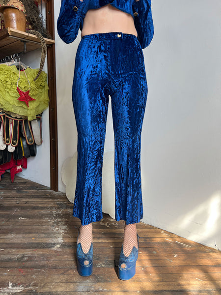 Vintage 1970's Junior House Crushed Velvet Royal Blue Pant Set