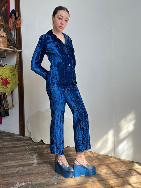 Vintage 1970's Junior House Crushed Velvet Royal Blue Pant Set