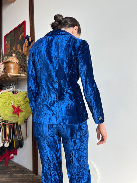 Vintage 1970's Junior House Crushed Velvet Royal Blue Pant Set