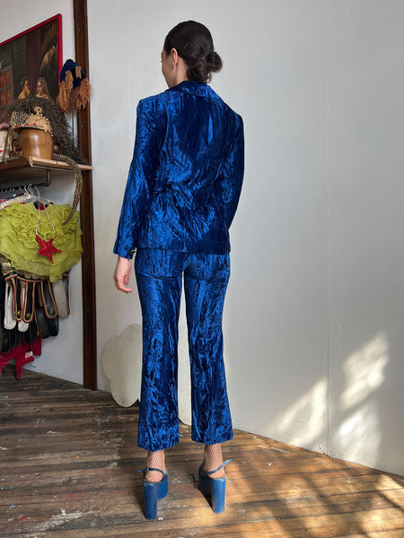 Vintage 1970's Junior House Crushed Velvet Royal Blue Pant Set