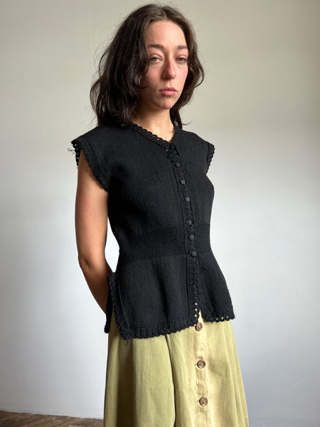 Antique Early Vintage 1920s Black Wool Knit Vest