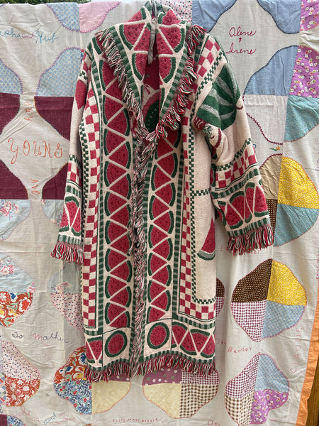 Vintage 1980's Watermelon Print Blanket Coat Cotton Fringe