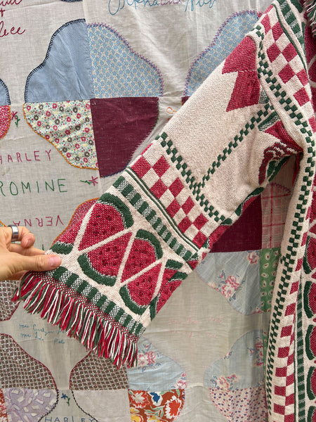 Vintage 1980's Watermelon Print Blanket Coat Cotton Fringe
