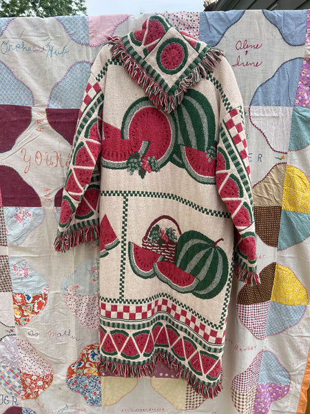 Vintage 1980's Watermelon Print Blanket Coat Cotton Fringe