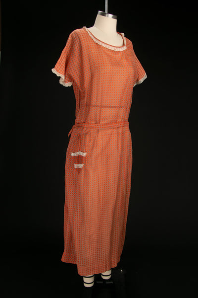 Early Vintage 1920's Orange Cotton Drop Waist Dress