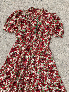 1930's Red and Green Novelty Print Dress