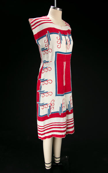 Vintage 1930's Linen Red White & Blue Tablecloth Dress