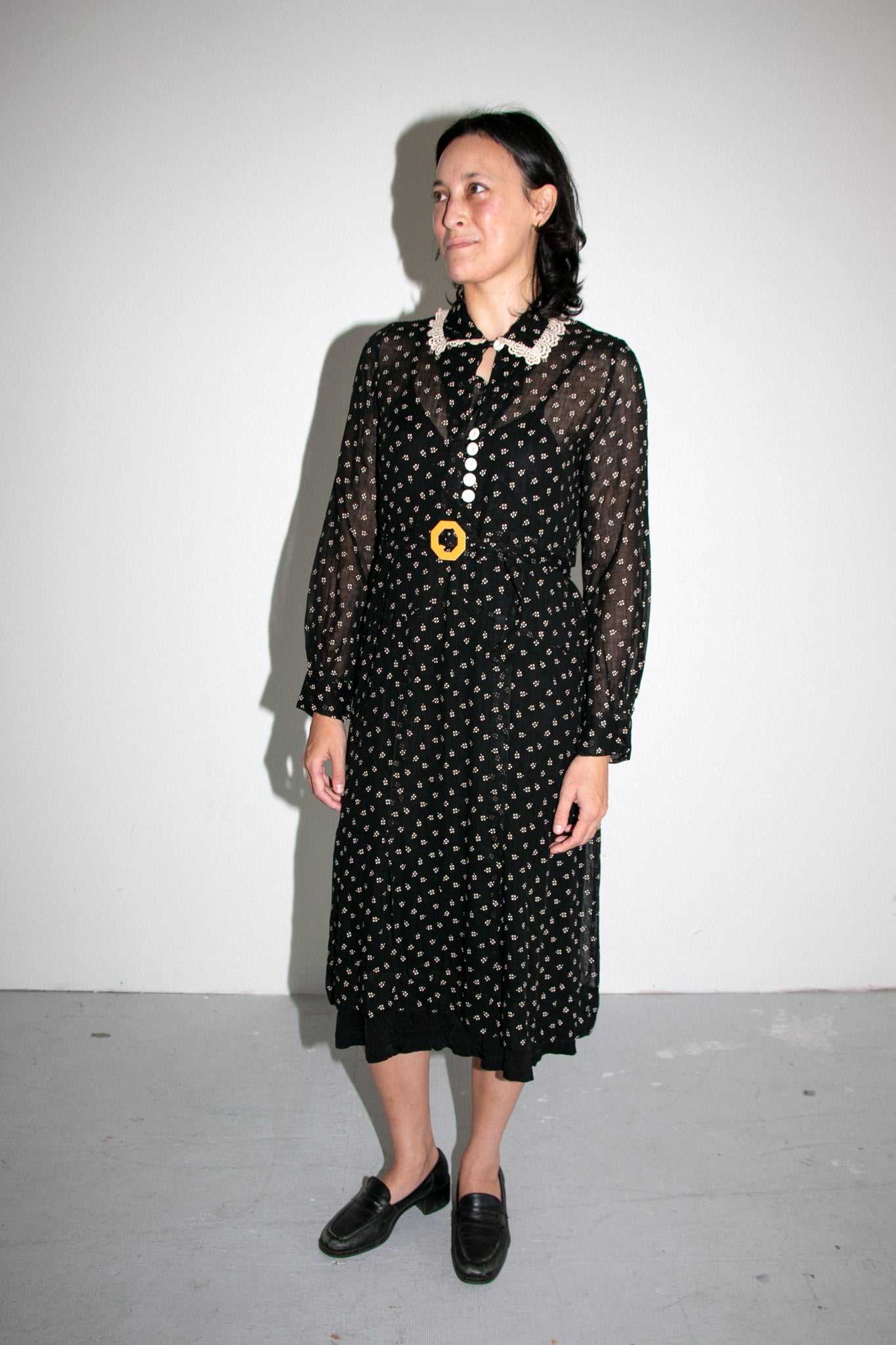 Vintage 1930's Black Long Sleeved Dress with Flecked Dots