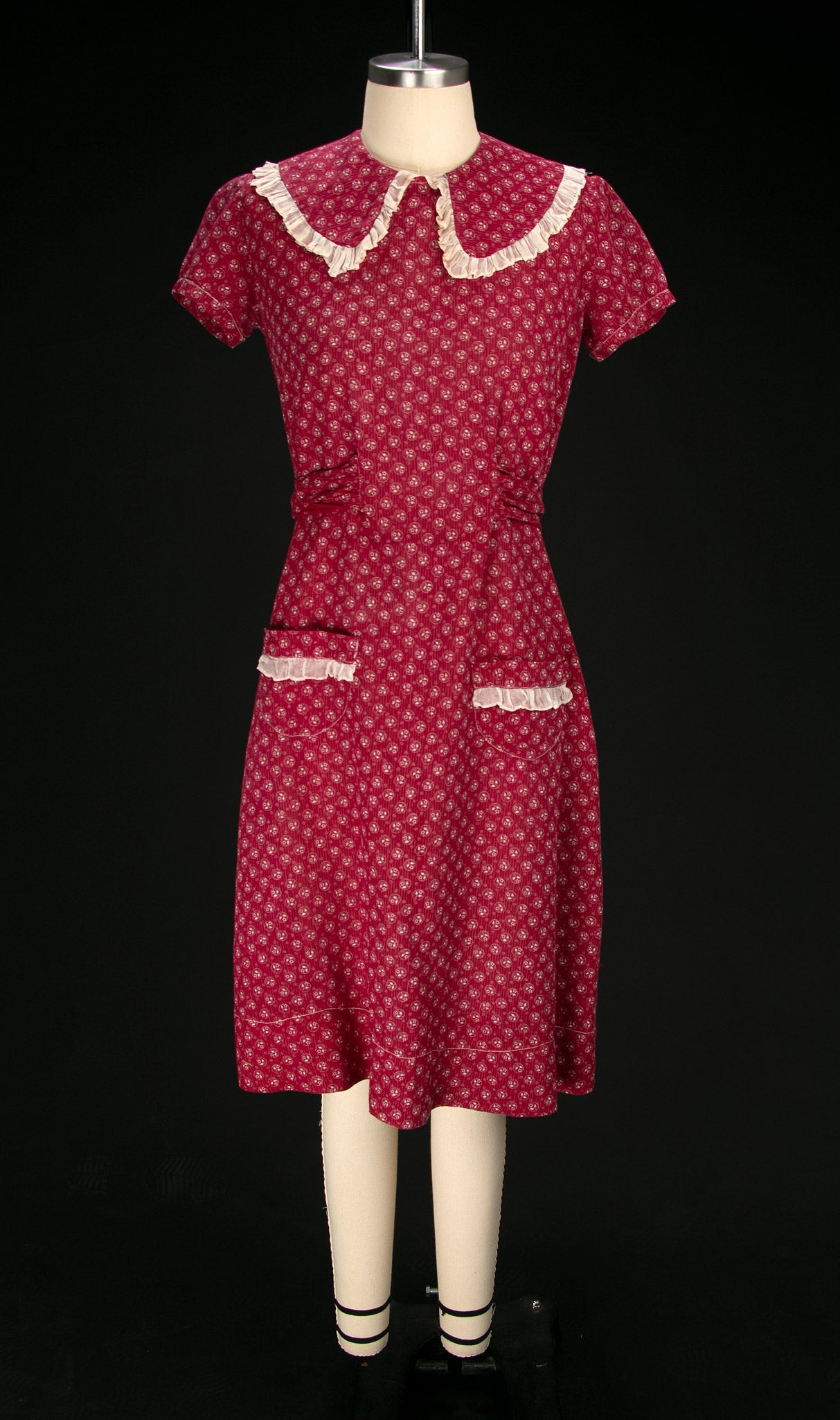 Early Vintage 1920's - 1930's Burgundy Cotton Dress with Ruffled Trim
