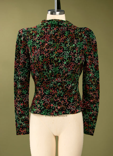 Vintage 1930's Long Sleeved Wool Embroidered Crepe Blouse, 30's Deco