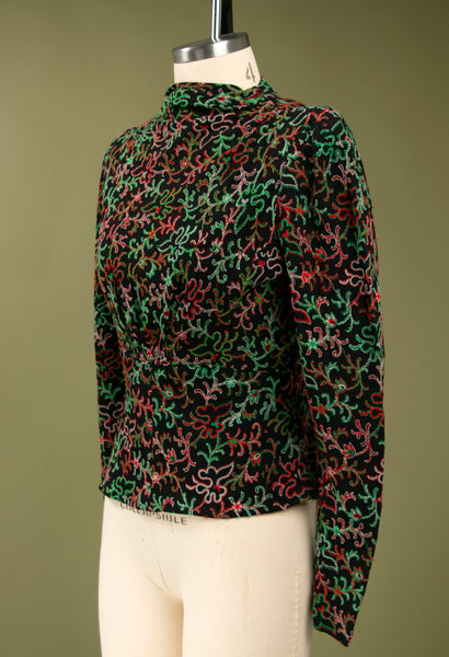 Vintage 1930's Long Sleeved Wool Embroidered Crepe Blouse, 30's Deco