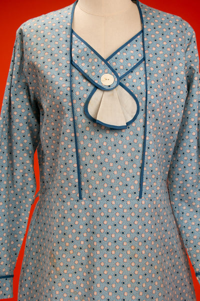 Vintage 1930's Long Sleeved Deco Dress in Blue, 30's Cotton Frock