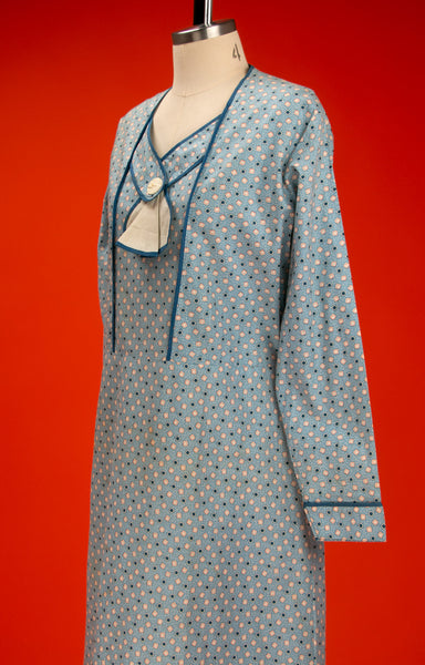 Vintage 1930's Long Sleeved Deco Dress in Blue, 30's Cotton Frock