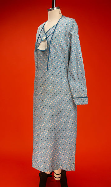 Vintage 1930's Long Sleeved Deco Dress in Blue, 30's Cotton Frock