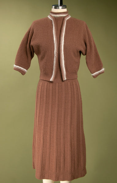Vintage 1940's - Early 1950's Brown Wool Knit Dress Set with White Angora Trim, Knitwear