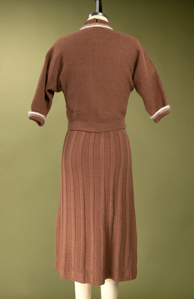 Vintage 1940's - Early 1950's Brown Wool Knit Dress Set with White Angora Trim, Knitwear