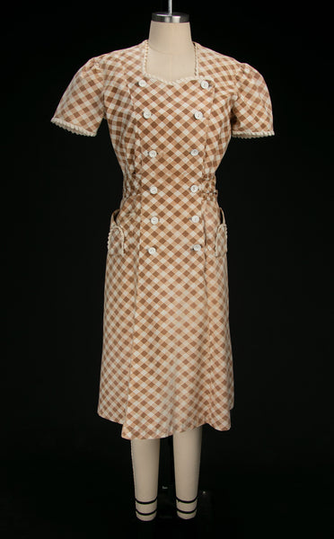Vintage 1940's Brown & White Cotton Check Dress