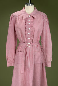 Vintage 1940's Burgundy Check Print Long Sleeved Dress