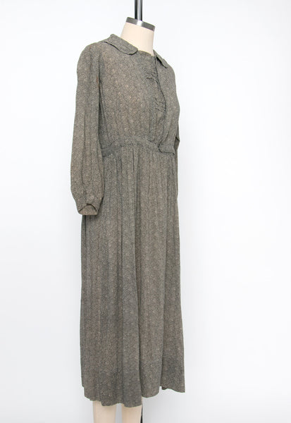 Antique 1910's Grey and White Op Art Swirl Print Dress in Raw Silk