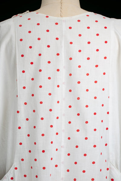 Antique 1910's - 20's White & Red Polka Dot Cotton Dress
