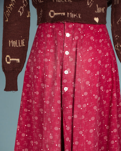 Antique 1880's Red Calico Floor Length Prairie Skirt