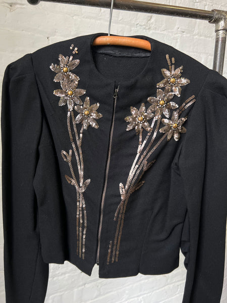 Vintage Early 1930's Black Wool Zip Up Jacket, Top with Sequins, Floral Motif Women's 30's